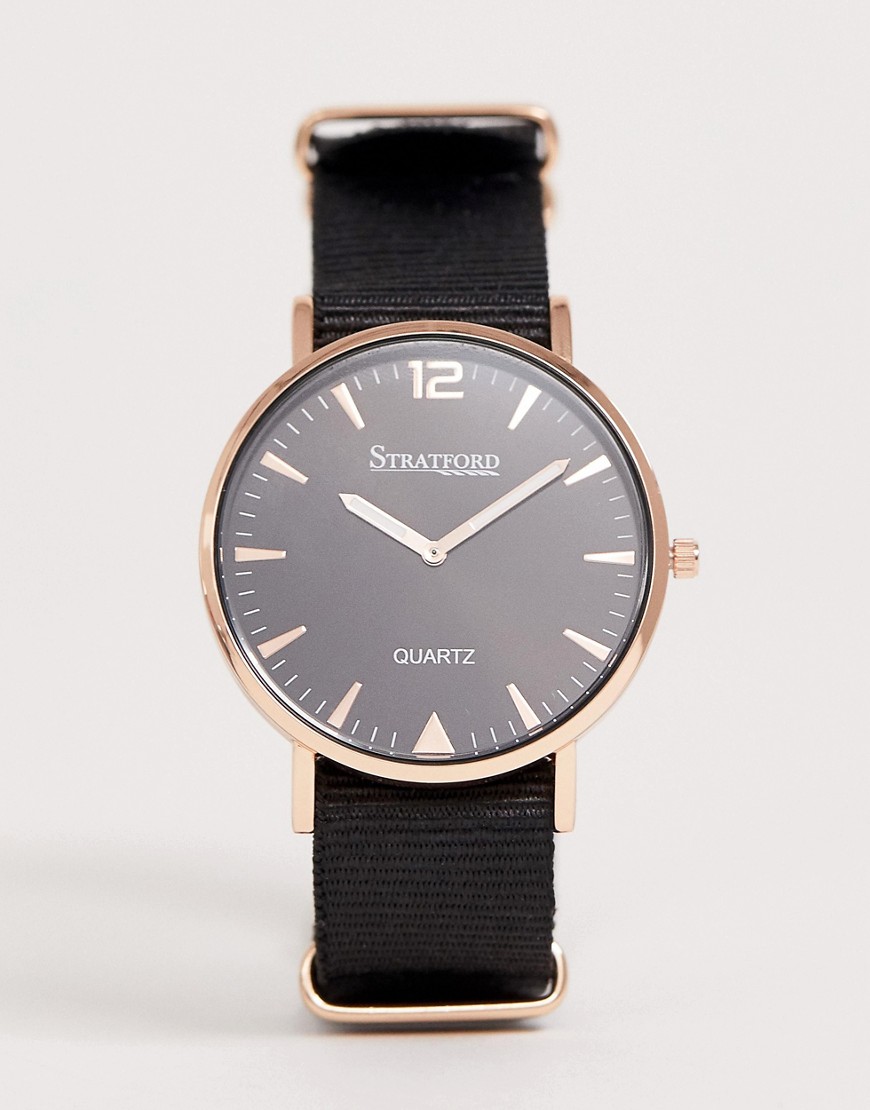 Stratford – Mens – Uhr mit schwarzem Armband und roségoldenem Zifferblatt