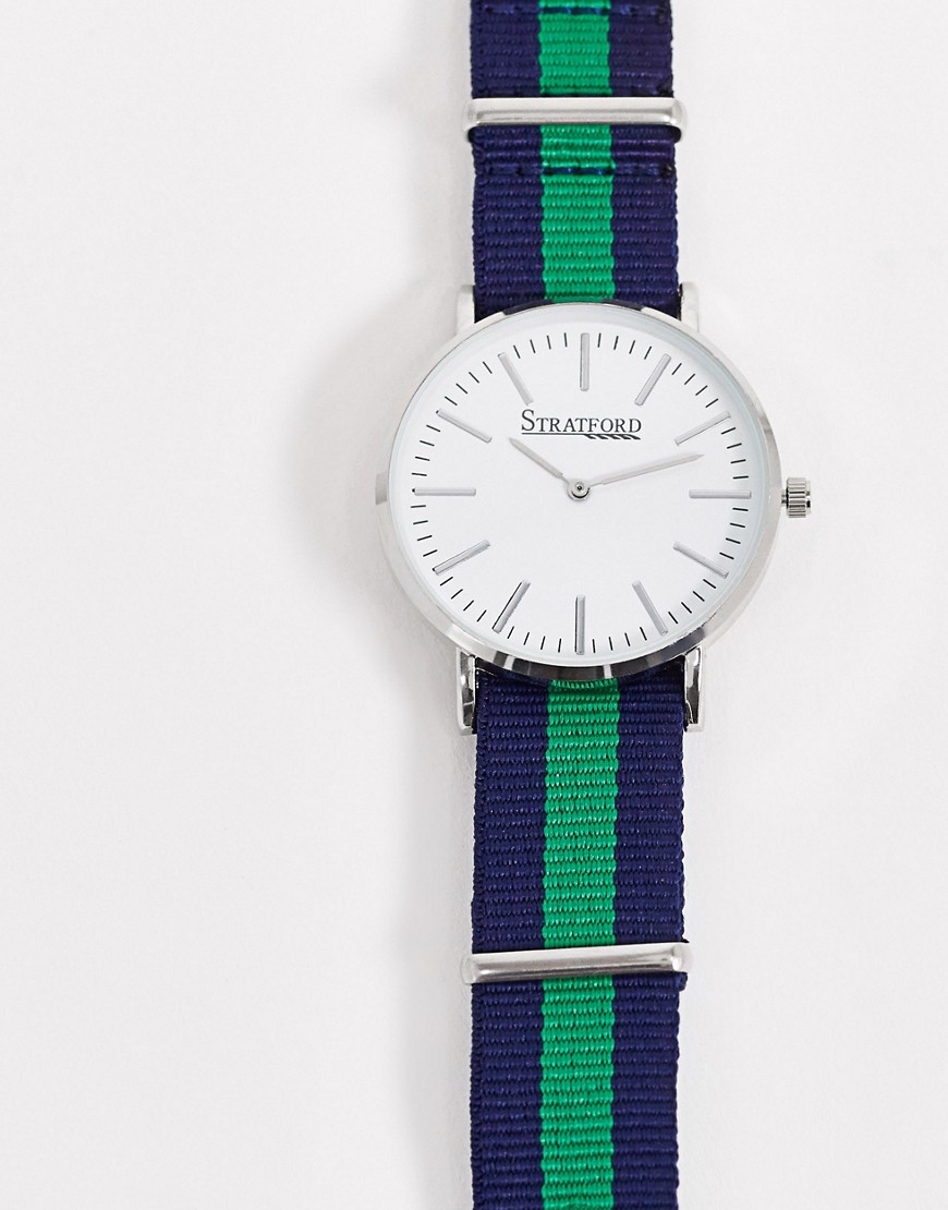 Stratfors - Horloge met gestreept bandje in marineblauw en groen