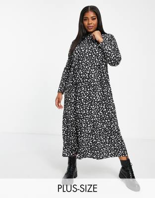 STREET COLLECTIVE CURVE JERSEY LONG SLEEVE SMOCK PEPHEM MIDI DRESS IN DALMATION PRINT-BLACK ASOS159