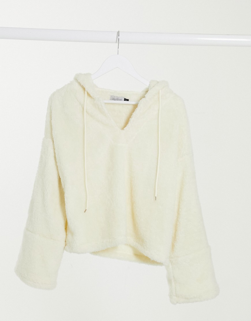 Street Collective oversized teddy hoodie in ecru-White