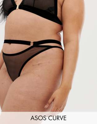 Стринги из сетки с бархатной отделкой ASOS DESIGN Curve Penelope-Черный