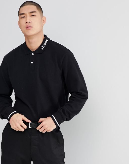 Stussy Heavy Pique Long Sleeve Polo Shirt With Logo Collar