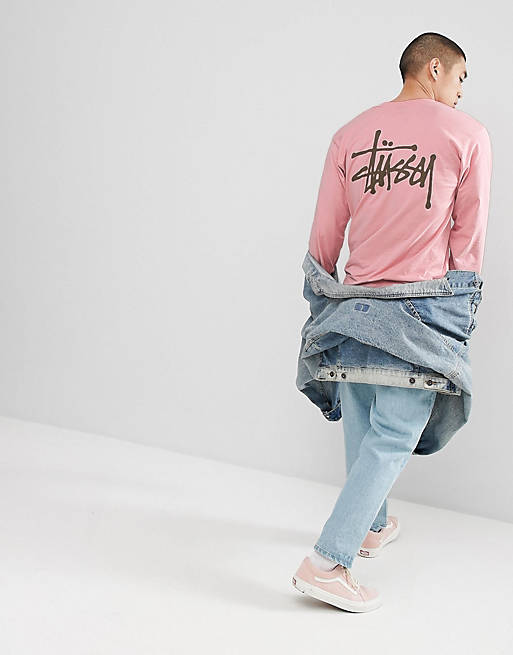 Fitness Uiterlijk Scherm Stussy Long Sleeve T-Shirt With Logo Back Print in Pink | ASOS