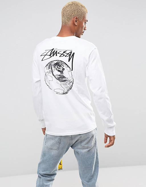 Stussy Long Sleeve T-Shirt With Stock World Back Print in White | ASOS