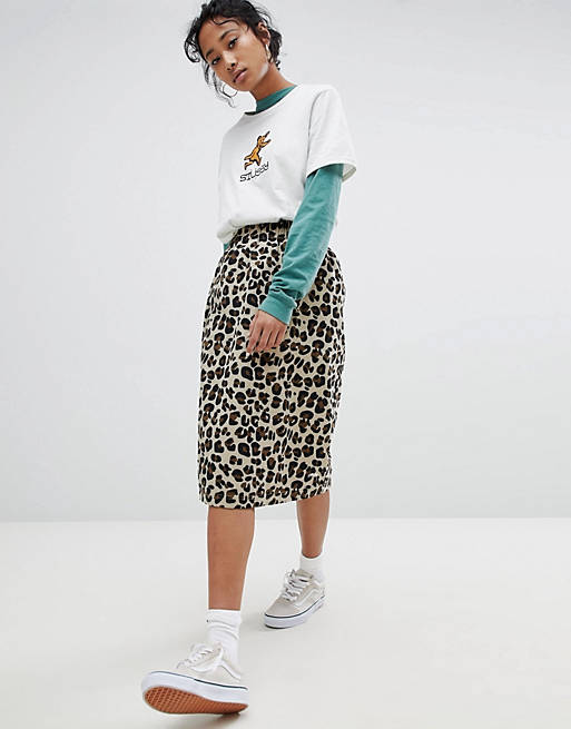 Stussy Pencil Skirt In All Over Leopard Print
