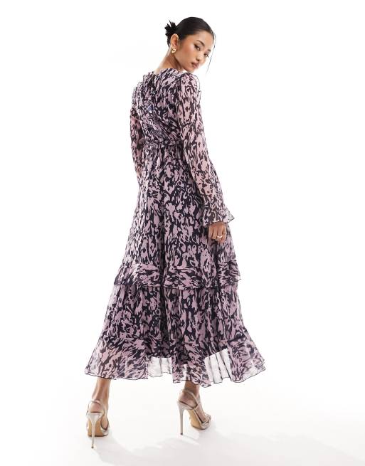 Stye Cheat ruffle detail maxi dress in purple print, 3 of 4