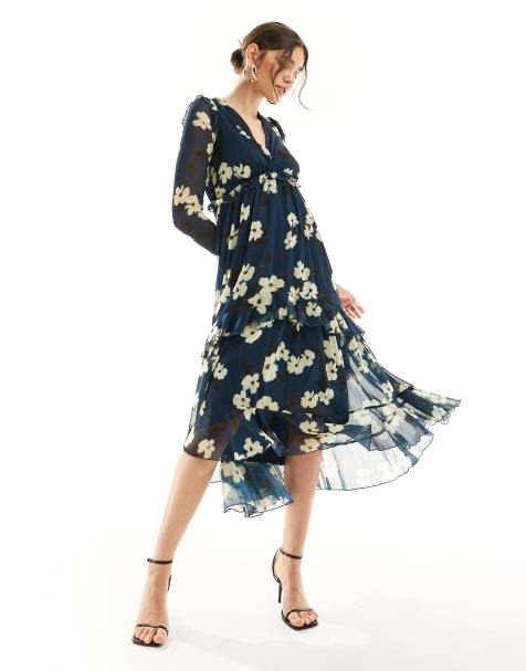 Stye Cheat ruffle detail midi dress in blue print - view 1