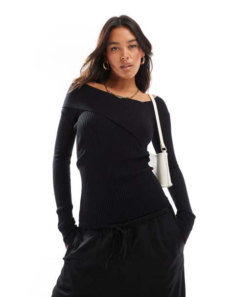 Style Cheat asymmetric rib knit bardot top in black - view 1