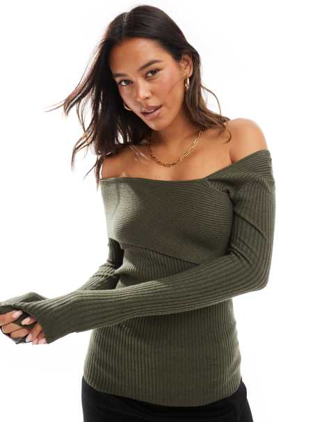 Style Cheat asymmetric rib knit bardot top in khaki - view 1