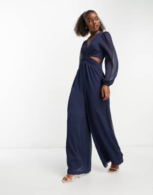 ASOS DESIGN button front tie ankle jumpsuit in self navy check