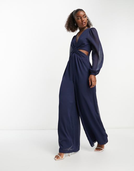 Style Cheat balloon sleeve cut-out jumpsuit in navy