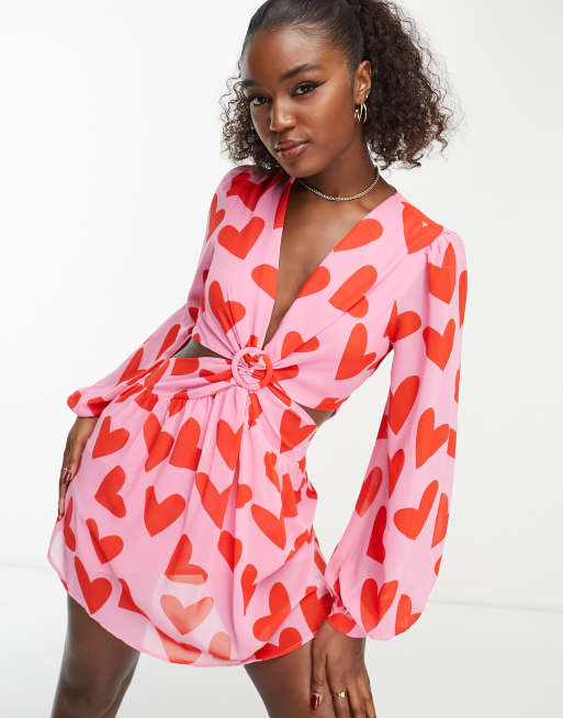 NEW LOOK Black Red Heart Print Tie Front Balloon Sleeve Midi Dress