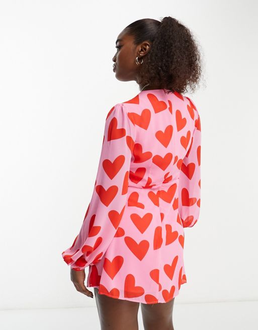 NEW LOOK Black Red Heart Print Tie Front Balloon Sleeve Midi Dress
