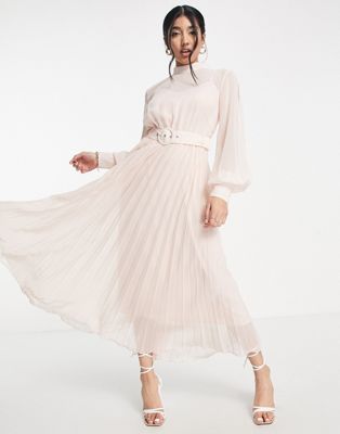 Style Cheat balloon sleeve pleated midaxi dress in blush