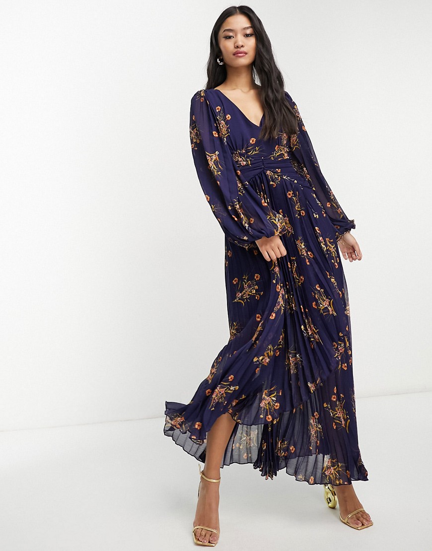 Style Cheat Balloon Sleeve Pleated Midaxi Dress In Navy Floral