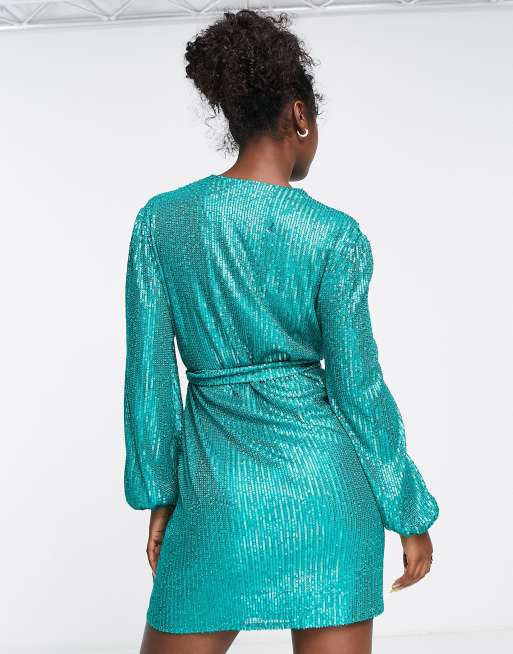 Style Cheat balloon sleeve sequin mini dress in turquoise blue