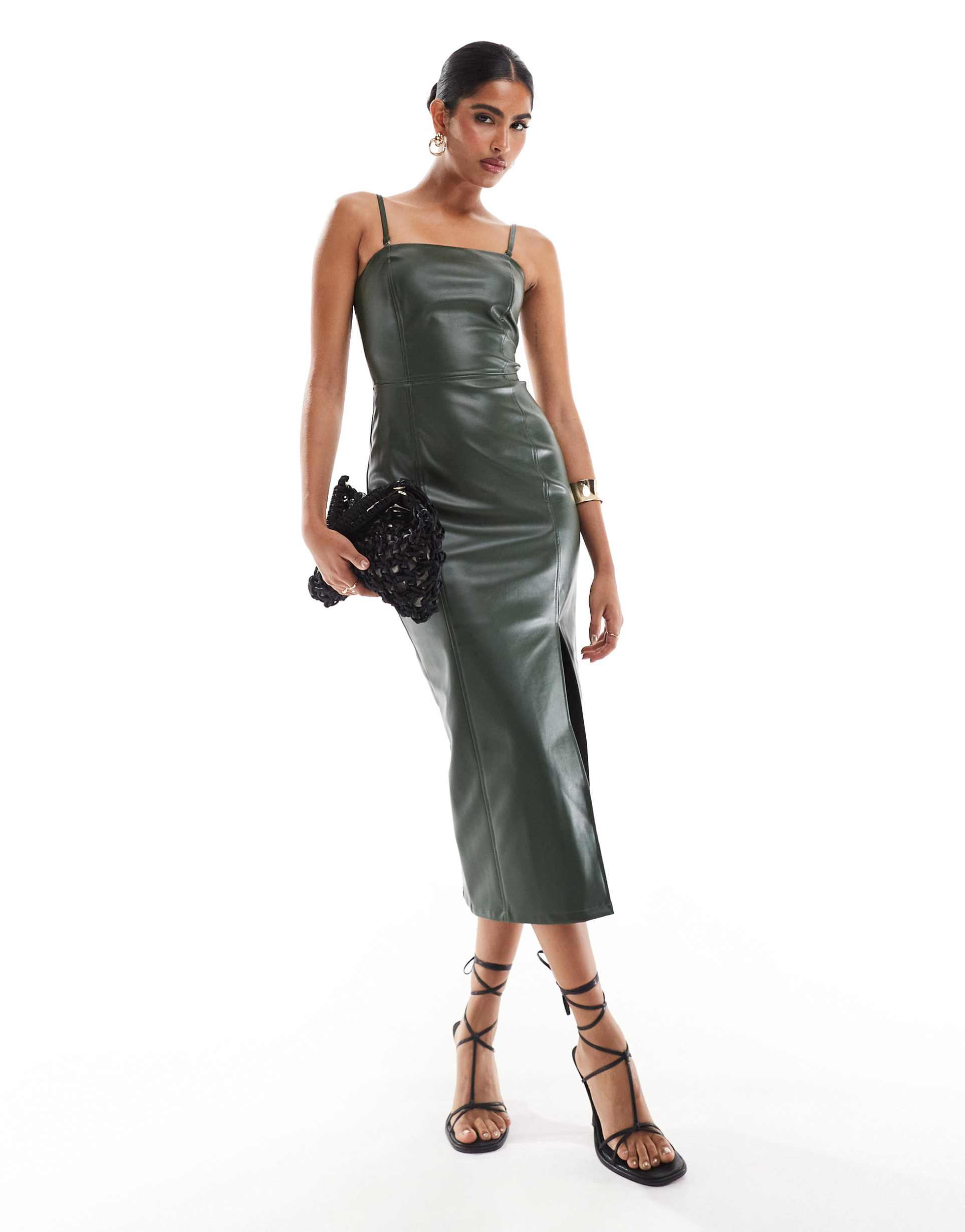 style cheat bandeau leather look midi dress in green