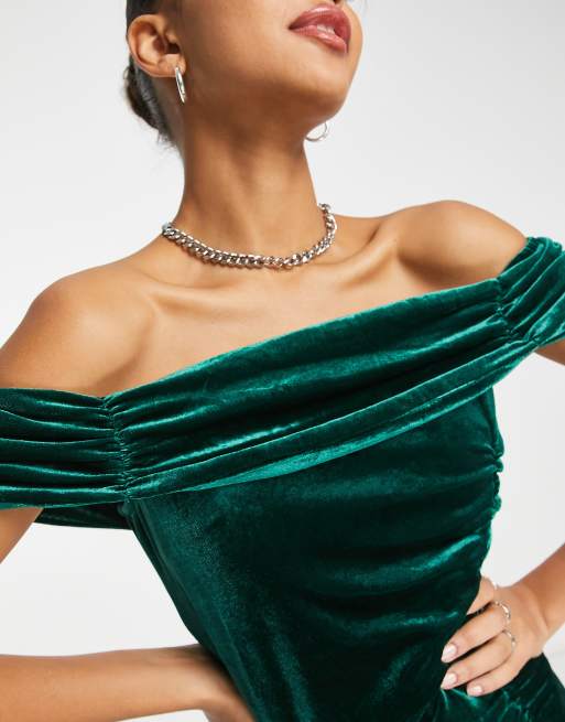 Emerald Green Velvet Bardot Ruffle Bodycon Dress