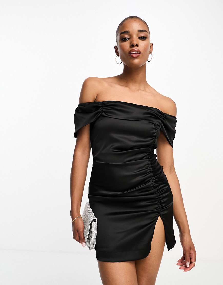 Style Cheat Bardot Satin Ruched Mini Dress In Black