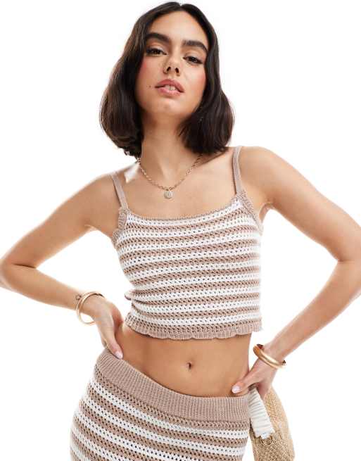 Style Cheat - Beige stribet hæklet cami-top - Del af sæt