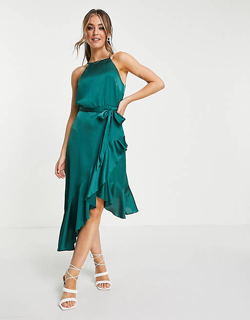 Style Cheat belted high low ruffle midi dress in emerald green