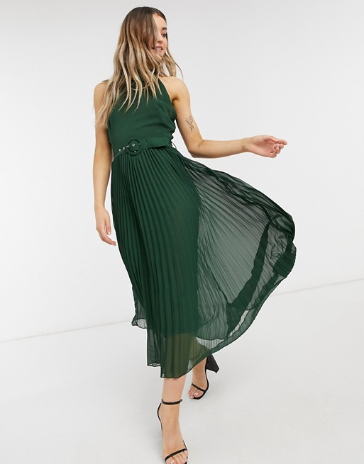 Style Cheat belted high neck pleated midi dress in forest green