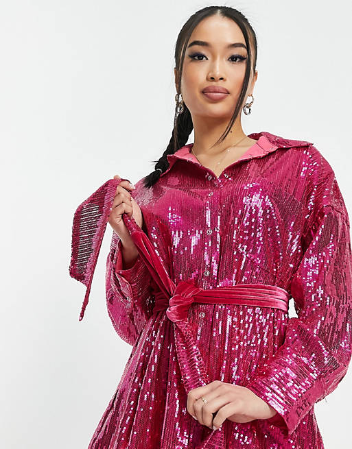 Women Style Cheat belted shirt dress in bright sequin 