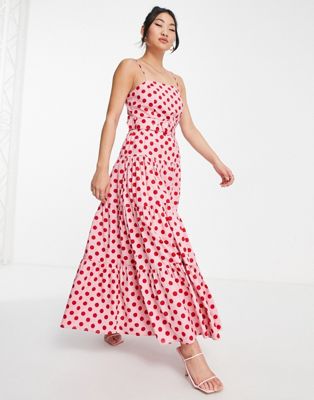 Style Cheat belted tiered midaxi dress in pink and red spot