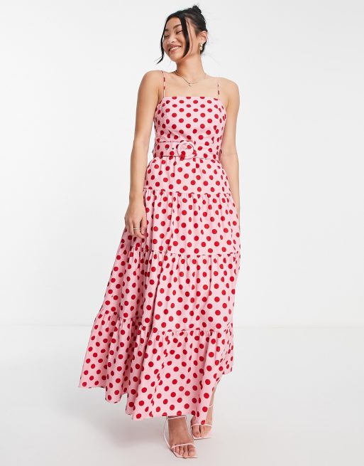 Style Cheat belted tiered midaxi dress in pink and red spot | ASOS