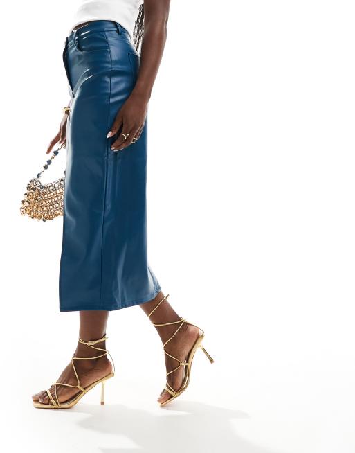 Style Cheat – Blå midikjol i läderlook med slits framtill, 4 av 5