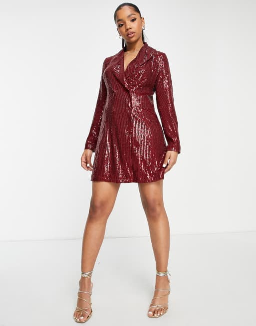 Style Cheat – Bordowa sukienka marynarkowa mini zdobiona cekinami