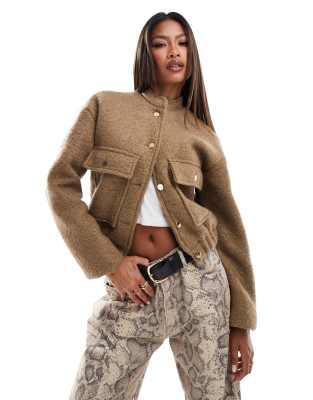 Boucle bomber jacket in khaki-Neutral