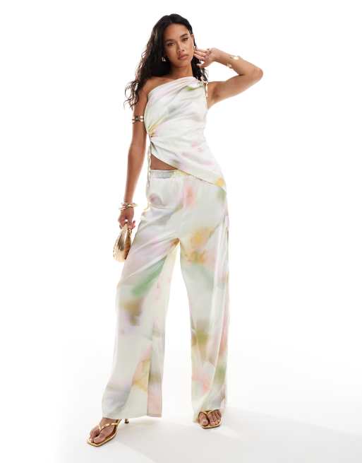Style Cheat - Broek met wijde pijpen en marmerprint in pastelkleuren, deel van co-ord set