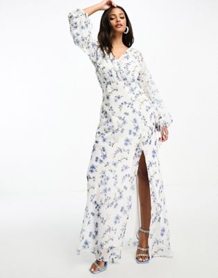 button detail midaxi dress in ivory floral-White