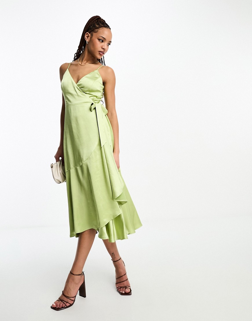 Style Cheat Cami Wrap Satin Midi Dress In Lime Green