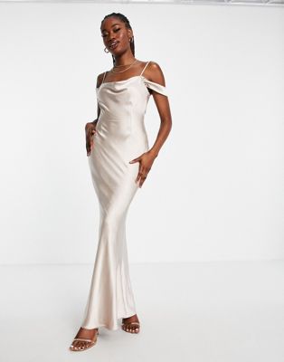 Style Cheat cold shoulder satin maxi dress in champagne