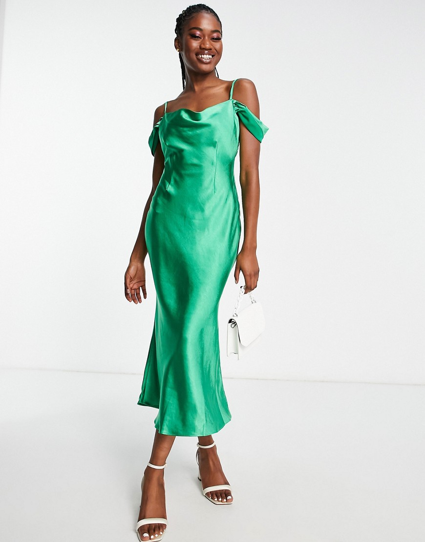 Style Cheat Cold Shoulder Satin Maxi Dress In Vibrant Green