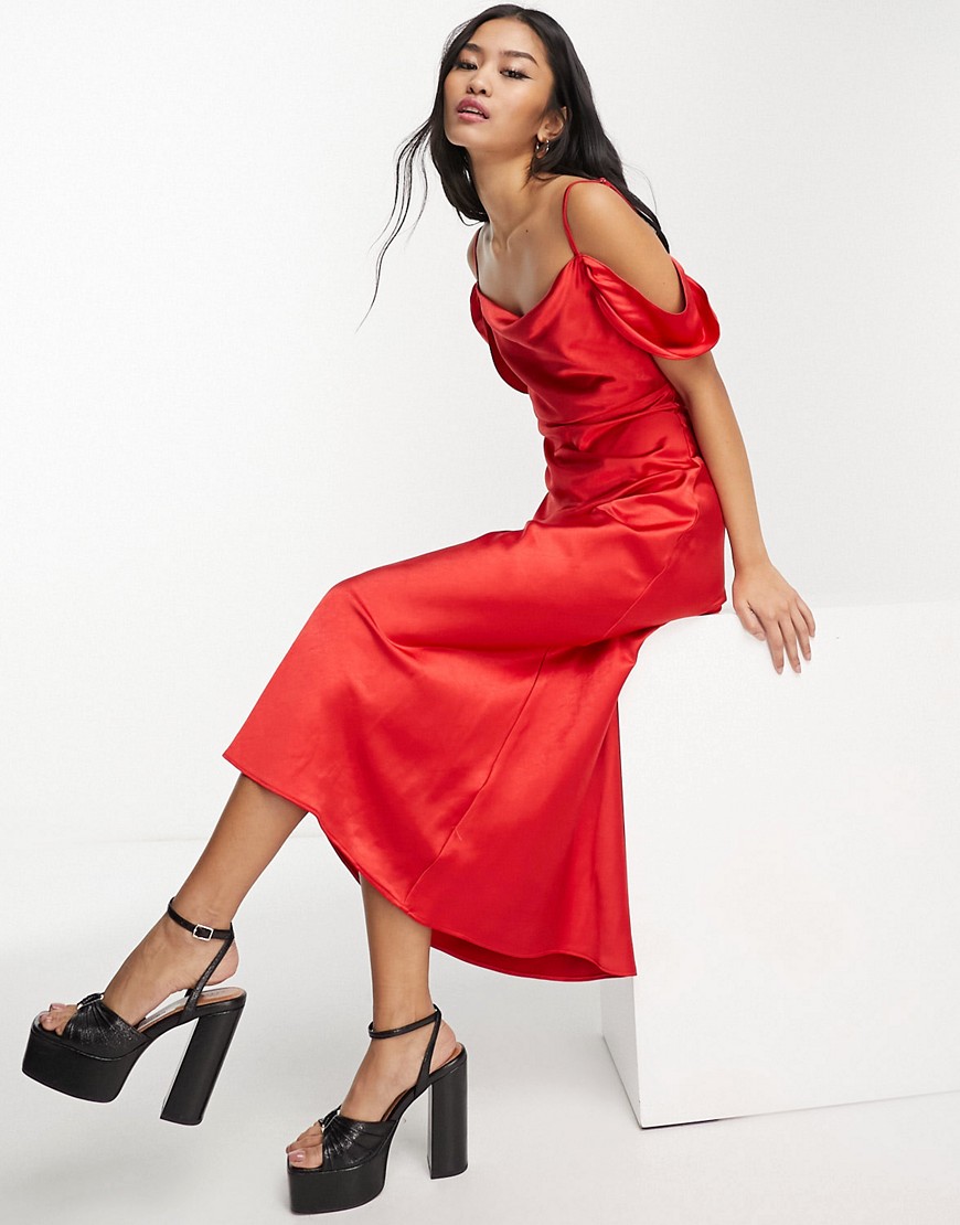 Style Cheat Cold Shoulder Satin Midi Dress In Red