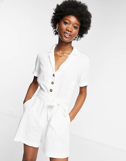 Style Cheat collared shirt romper with tie waist in white