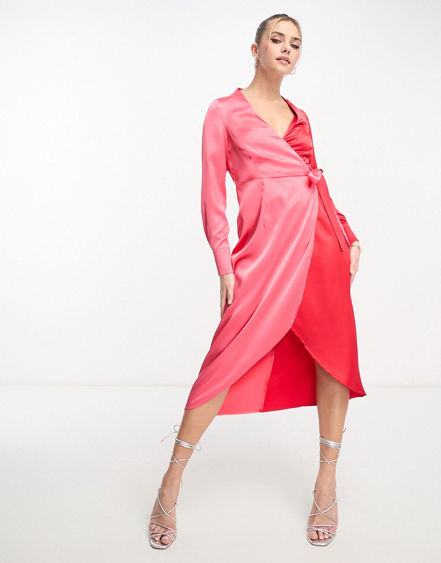 color block wrap midaxi dress in red and pink-Silver
