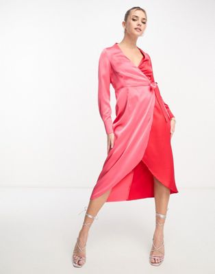 Style Cheat colour block wrap midaxi dress in red and pink