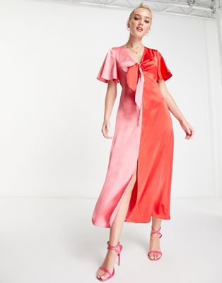 Style Cheat contrast tie front midi dress in pink and red colour block