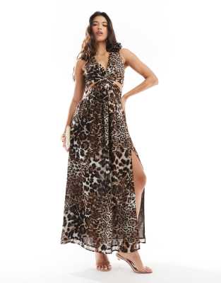 corsage shoulder maxi dress in leopard-Multi