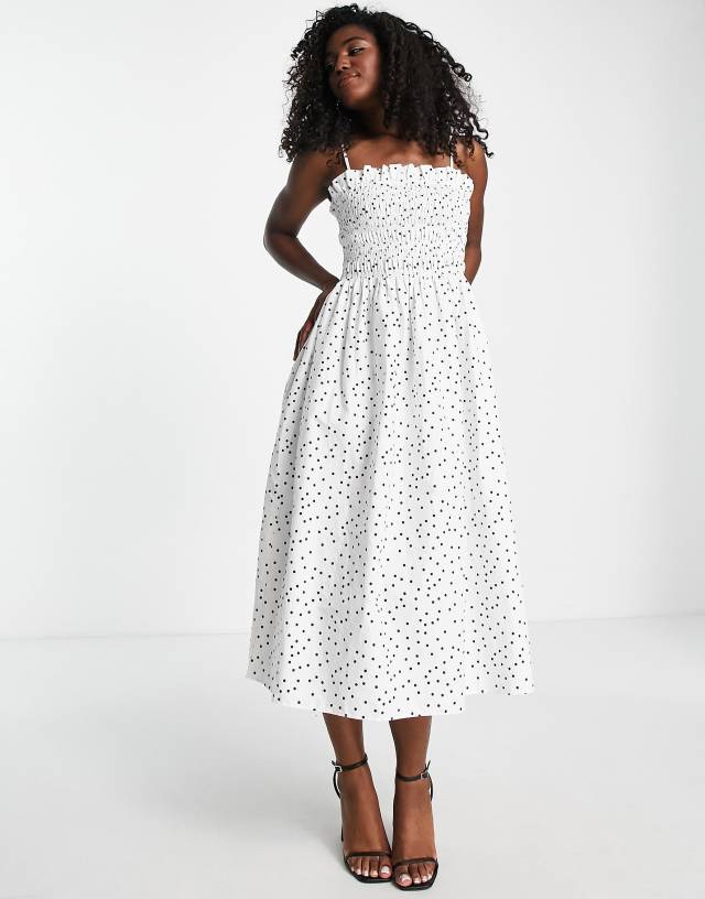 Style Cheat cotton shirred bandeau midi dress in white polka dot