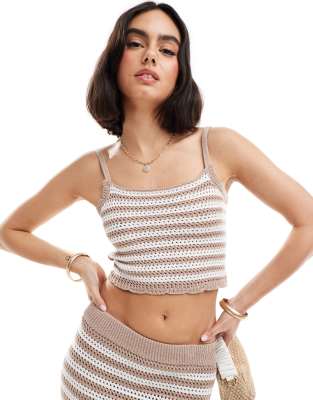 crochet cami top in oatmeal stripe - part of a set-Neutral