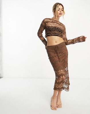 Style Cheat crochet midi skirt co-ord in brown - ASOS Price Checker