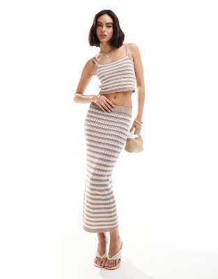 crochet midi skirt in oatmeal stripe - part of a set-Neutral