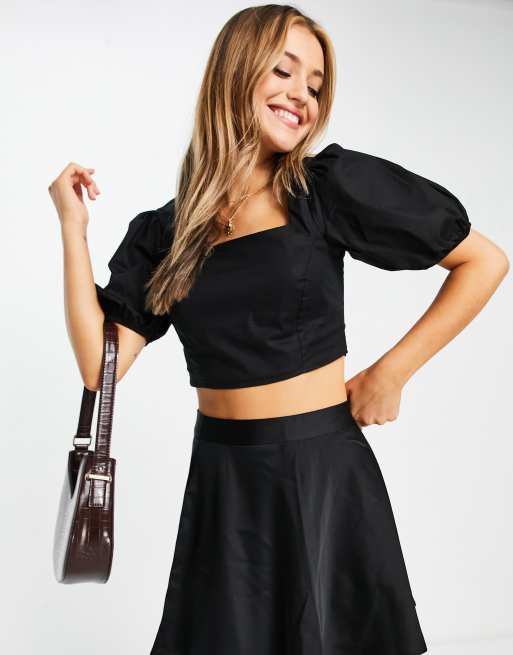 Style Cheat - Crop top met vierkante hals en pofmouwen in zwart, deel van co-ord set, 3 van 4