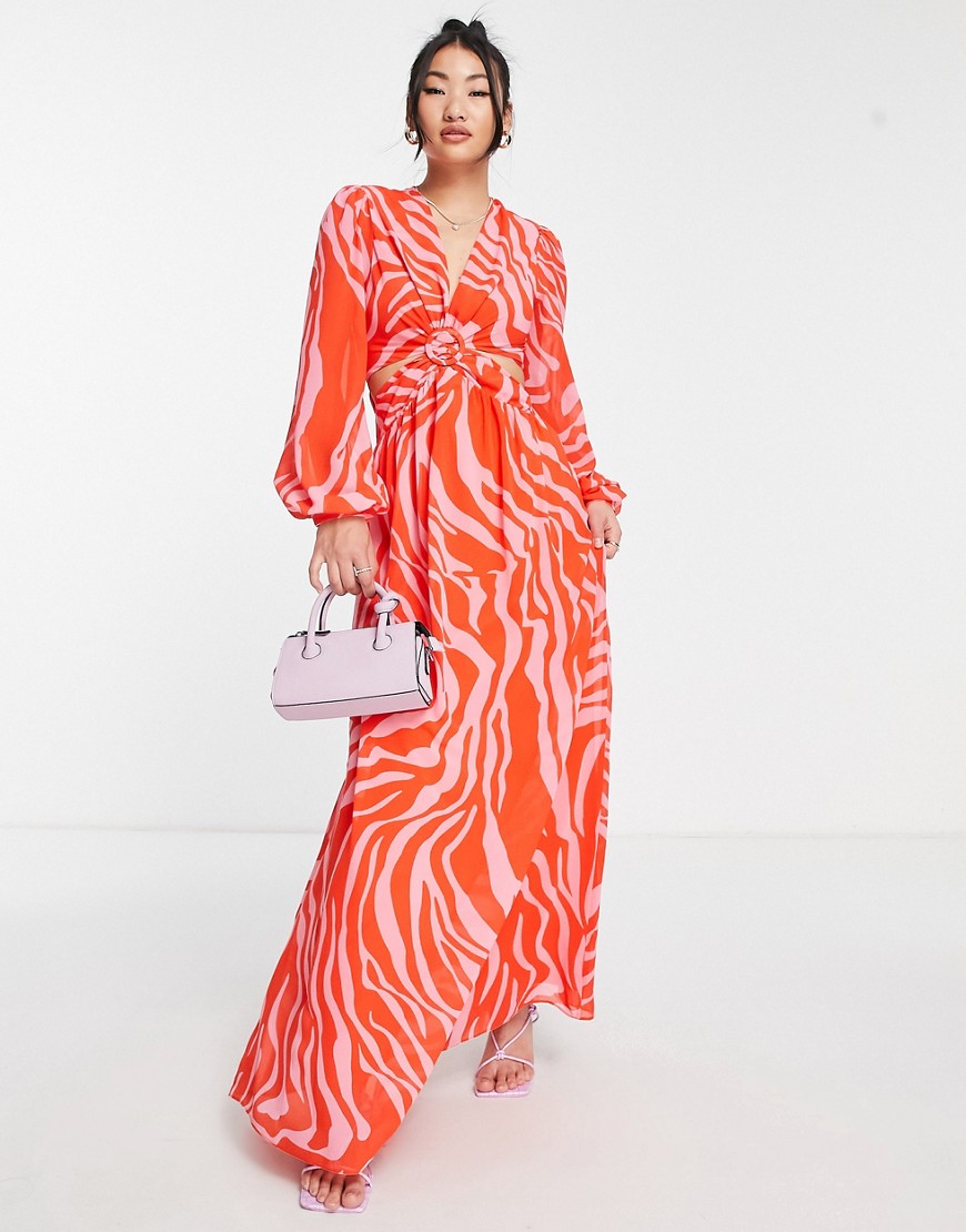 Style Cheat cut-out balloon sleeve maxi dress in pink and red