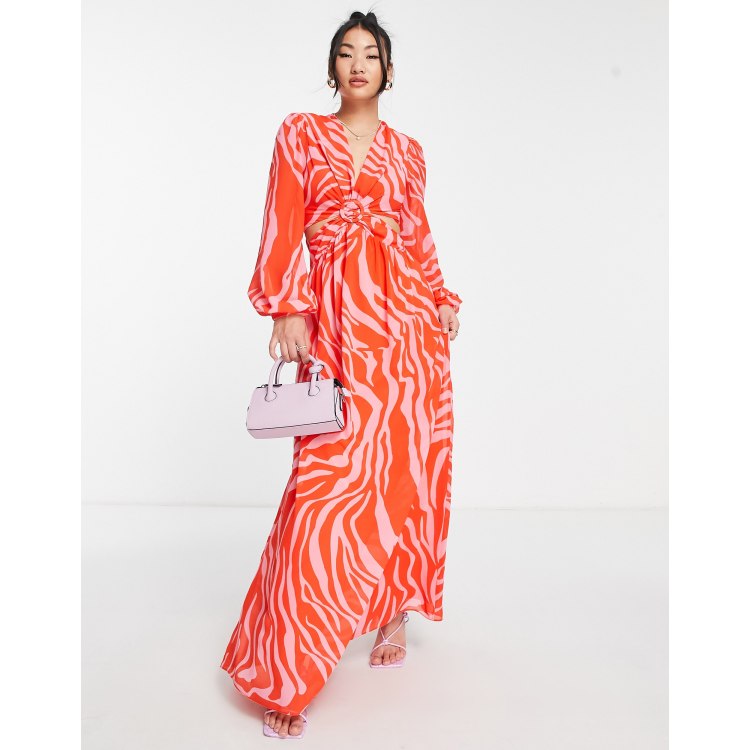 Style Cheat cut-out balloon sleeve maxi dress in pink and red | ASOS